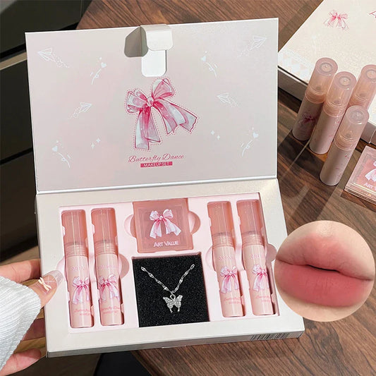 6-Piece Matte Lip Gloss & Blush Set with Necklace | ARTVALUE Lip Makeup Gift Set Oasis Select