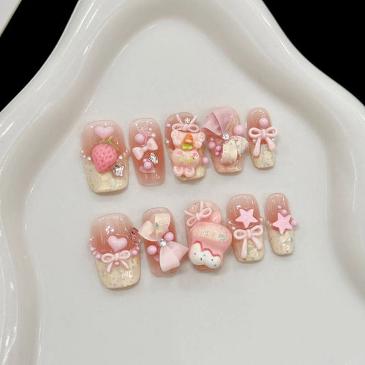 10pcs Handmade Pink Press on Nails Sweet Cute Strawberry Bow Decor Fake Nail Tips Wearable 3D Cute Rabbit Korean False Nails Peaceful Pleasures Health and Wellness S