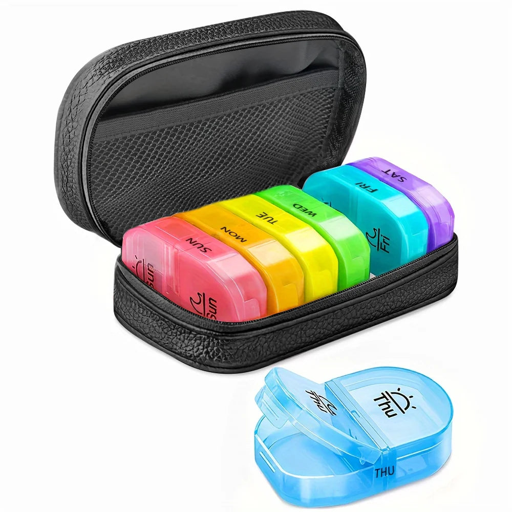 Cute Pill Organizer 2 Times a Day, PU Leather Pill Case, Portable Weekly Pill Box for Purse with Storage Bag to Hold Peaceful Pleasures Health and Wellness black