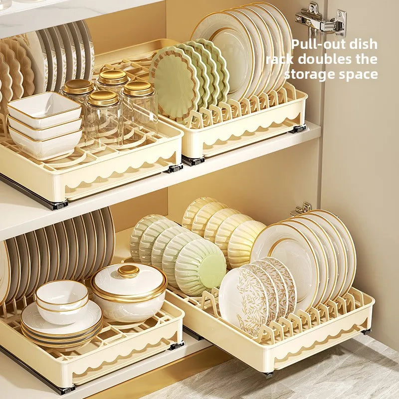 Under-Sink Pull-Out Kitchen Organizer No-Drill Retractable Dish Drainer Rack Expandable Cabinet Drawer Storage for Dishes Peaceful Pleasures Health and Wellness