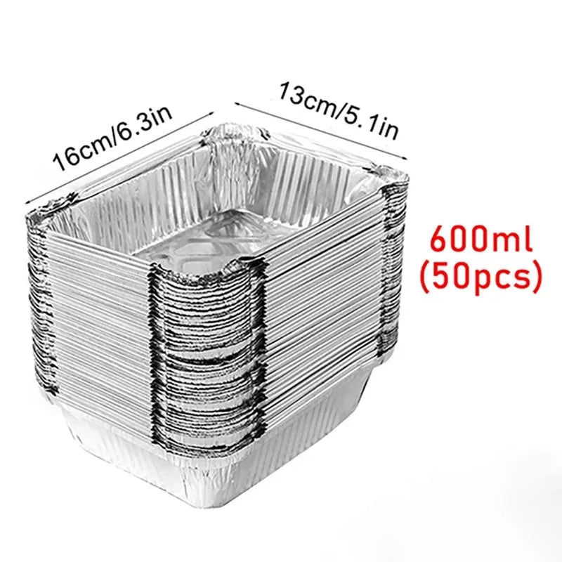 50pcs disposable aluminium foil, various sizes, tin pans are perfect for cooking, heating, storing and preparing food. Peaceful Pleasures Health and Wellness 600ml