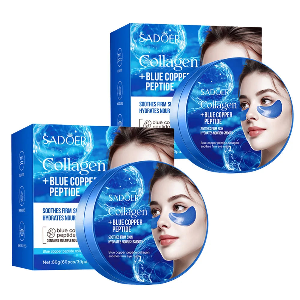 60pcs SADOER Caffeine Crystal Collagen Eye Mask Anti Dark Circles Ant -Aging Anti Wrinkles Moisturizing Eye Patches Skin Care Peaceful Pleasures Health and Wellness Blue 2pcs
