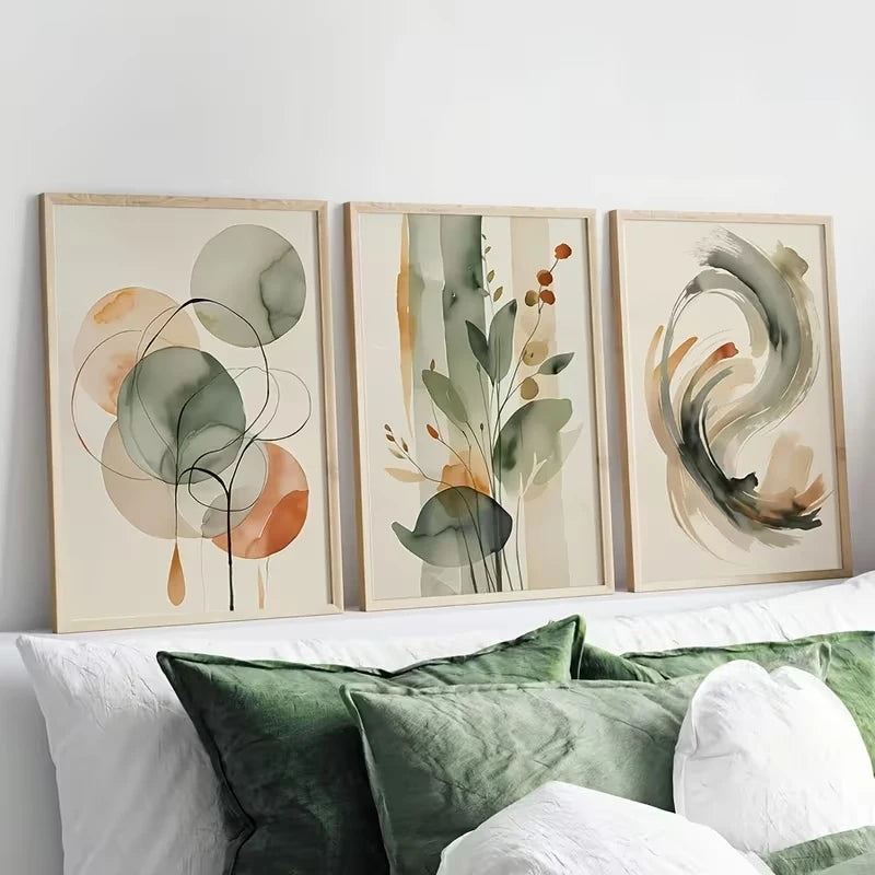 3-Piece Beige & Sage Abstract Watercolor Canvas Wall Art Set