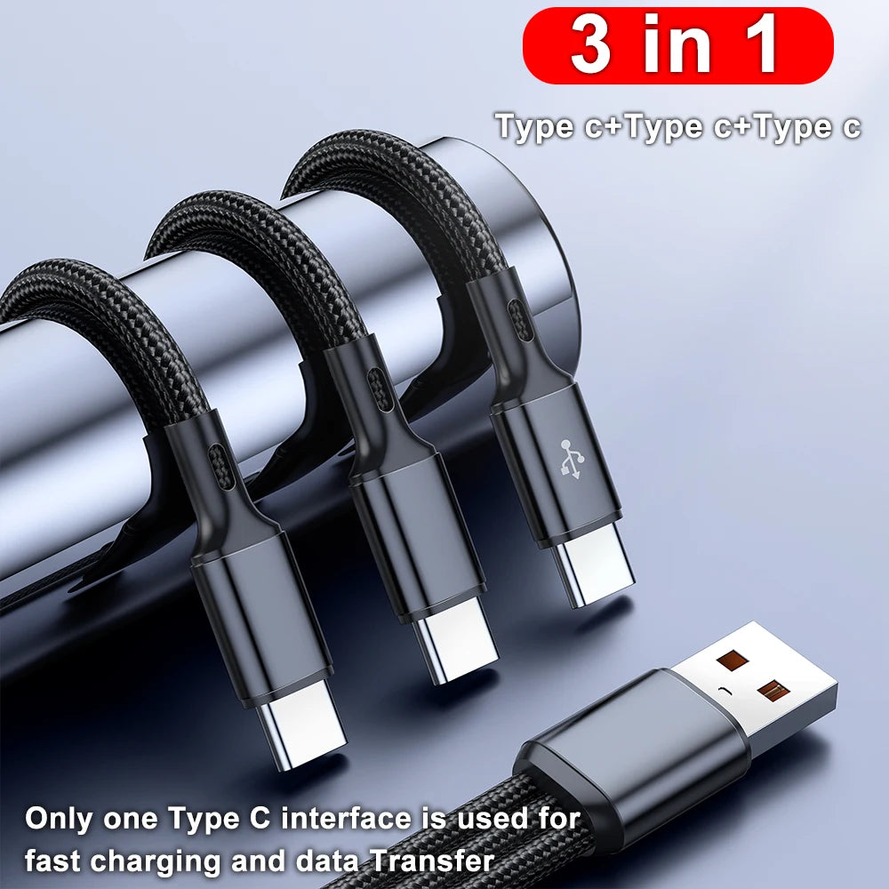 100W 3-in-1 USB to Triple USB-C Cable 6A Fast Charge
