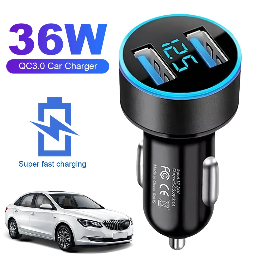 36W Car Fast Charger – Dual USB PD & QC3.0 with Voltage Display Peaceful Pleasures Health and Wellness United States