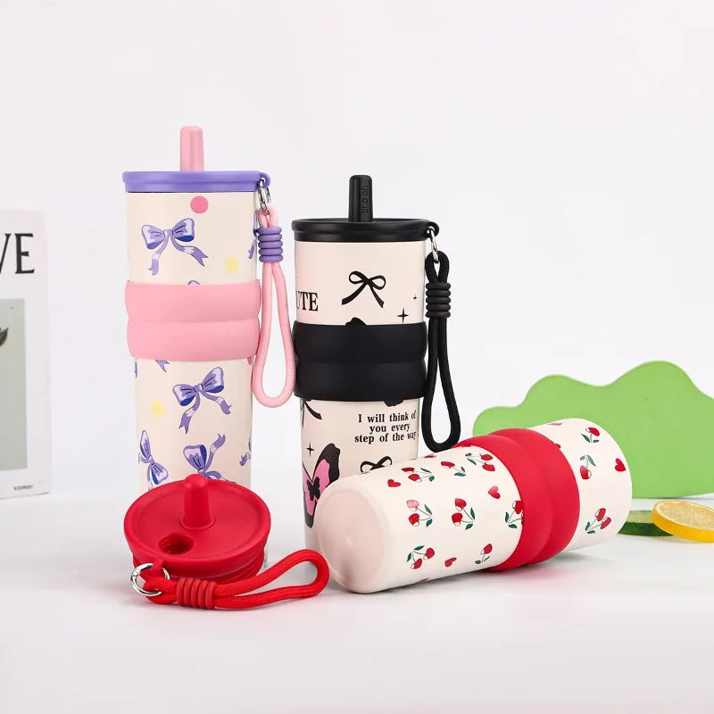 2026 Hot 710ML Printed Bow Vacuum Cup Insulation Or Cooling Stainless Steel Cup With Lifting Rope High-Capacity Insulated Cup Peaceful Pleasures Health and Wellness