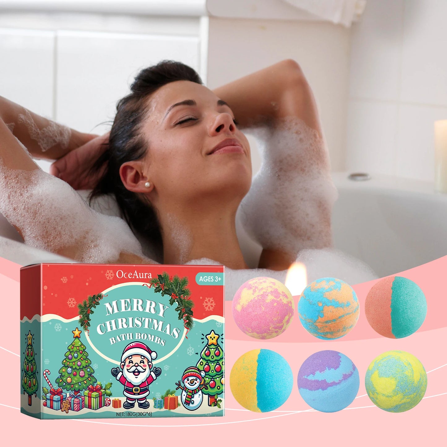 OceAura Christmas Bath Bombs 6-Pack | Plant-Based & Moisturizing