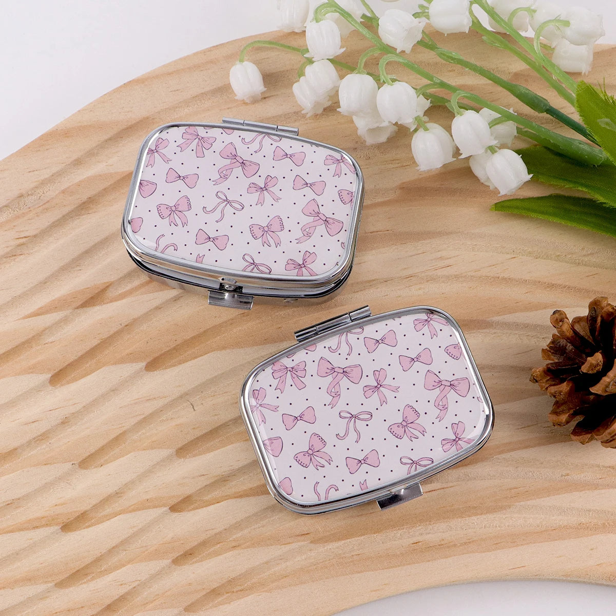 Pink Bow Mini Pill Box Travel Pill Box 2 Compartment Pocket Pill Container Daily Portable Medicine Storage Box Peaceful Pleasures Health and Wellness