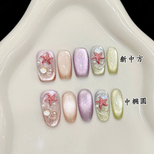 10pcs Handmade Press on Nails Shiny Cat Eye Fake Nail Tips with Starfish Wearable Full Cover Summer Ocean Beach False Nails Peaceful Pleasures Health and Wellness