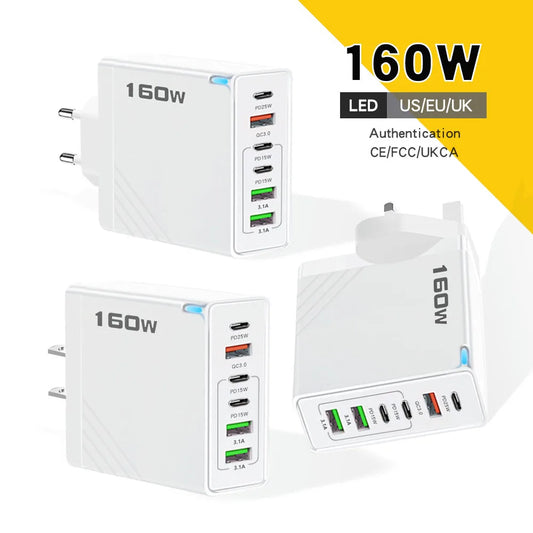160W 6-Port USB-C PD & QC3.0 Fast Wall Charger | EU US UK Multi-Port Wall Charger Peaceful Pleasures Health and Wellness