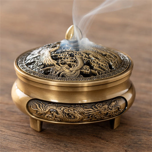 Antique Brass Hollow Dragon Phoenix Incense Burner Incense Mini Ornaments for Home Chinese Ancient Tea Desk Decor Indoor Perfume Peaceful Pleasures Health and Wellness as shown