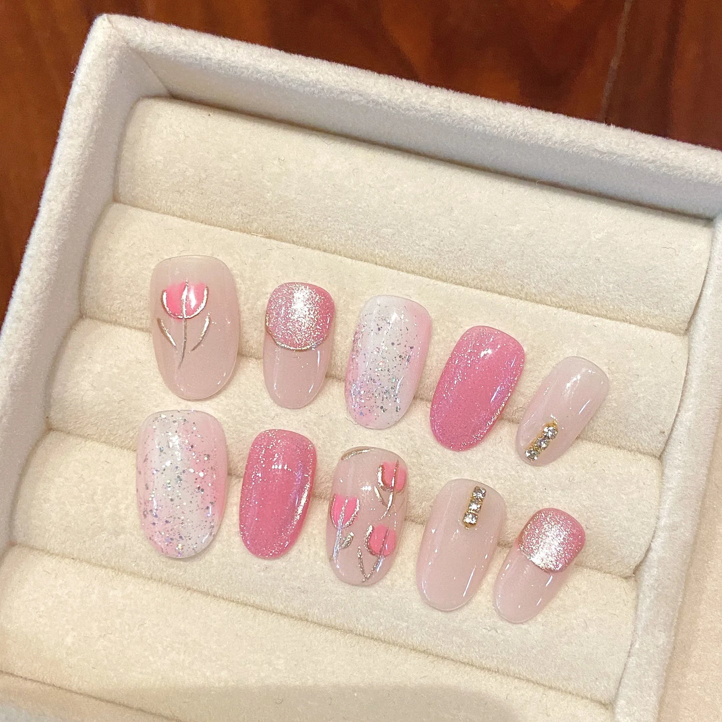 Handmade Pink Rose Press-On Nails | Short Round False Nails