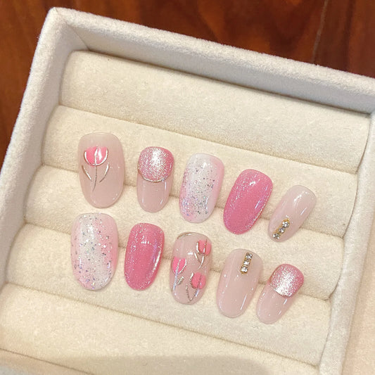 Handmade Pink Rose Press-On Nails | Short Round False Nails Press-On Nails Peaceful Pleasures Health and Wellness L 1