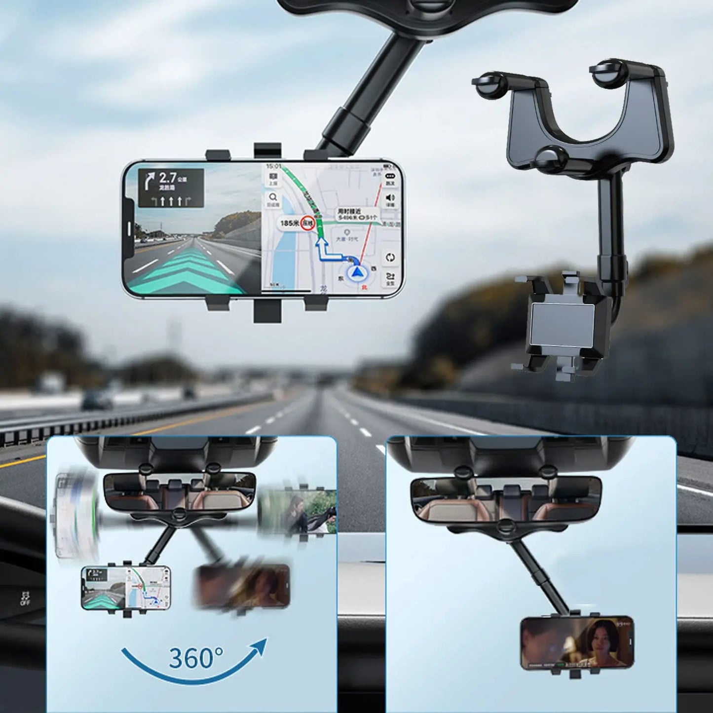 360° Rearview Mirror Car Phone Holder – Universal Mount