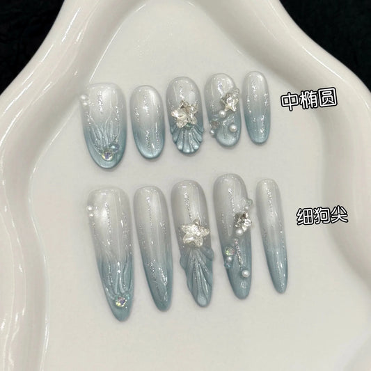 10pcs Handmade Blue Press on Nails Star Rhinestone Design Reusable Shiny Cat Eyes False Nails Round Head Fake Nail Tips Wearable Peaceful Pleasures Health and Wellness