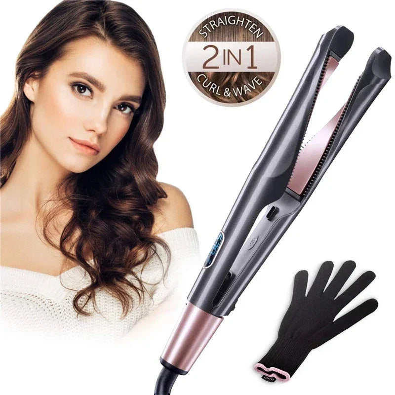 2 In 1 Pro Twist Hair Straightener And Curler Spiral Wave Curling Gold Titanium Flat Iron Straightening Curling Styling Tool Peaceful Pleasures Health and Wellness