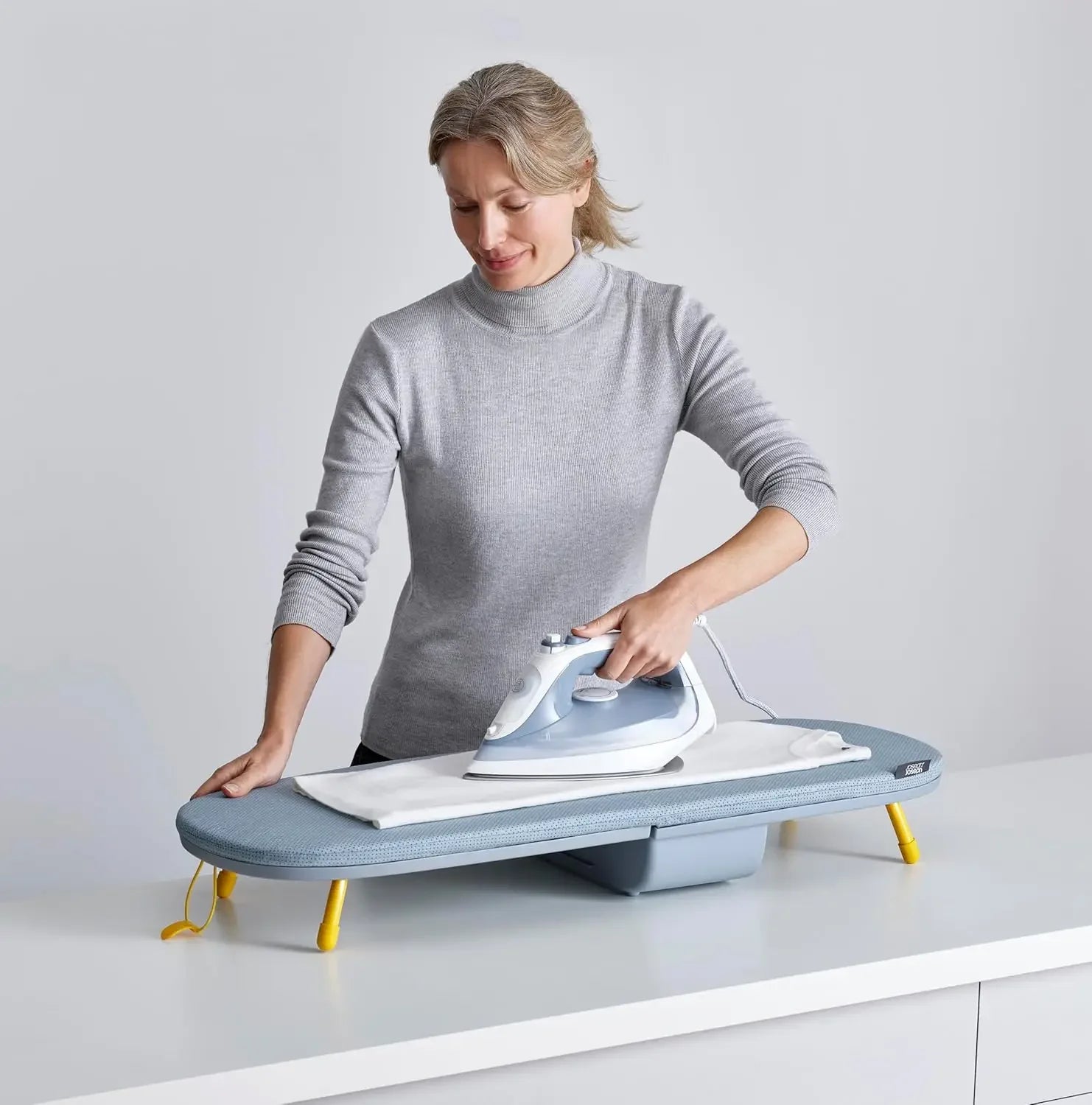 Compact Folding Tabletop Ironing Board with Iron Holder & Wall Mount, Space-Saving Grey/Yellow Design Peaceful Pleasures Health and Wellness