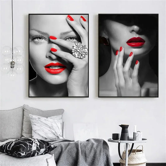 Red Lips Makeup Women Canvas Wall Art | Modern Fashion Print Canvas Wall Art Peaceful Pleasures Health and Wellness