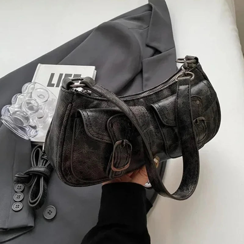 Autumn Winter New Vintage Armpit Bag for Women Stylish Trendy High Grade Texture Crescent Shoulder Bag Fashion Daily Commute Bag Peaceful Pleasures Health and Wellness Black-(29x12x7cm)
