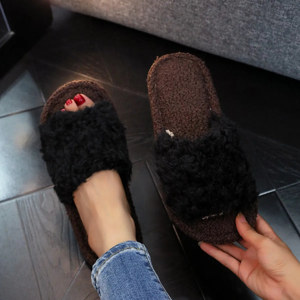 Women's Plush Open Toe Indoor Slippers | Warm Soft Sole Slides