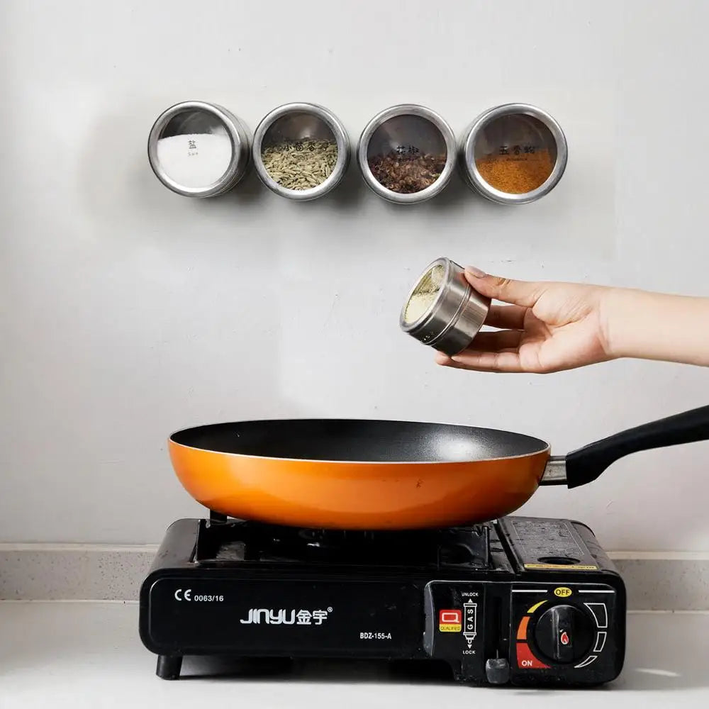 Magnetic Stainless Steel Spice Jars | Wall Mount BBQ Seasoning