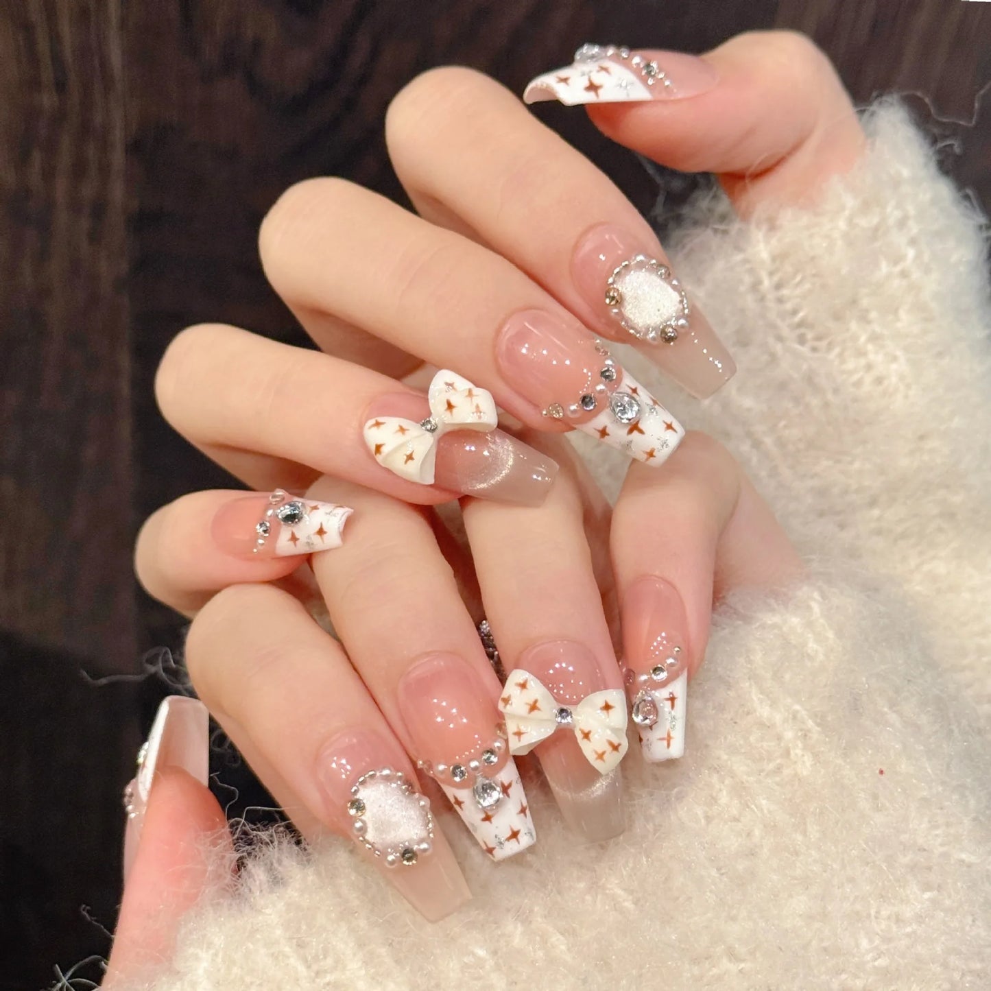 10pcs French Cat's Eye Press-On Nails | 3D Pearl Bow Almond