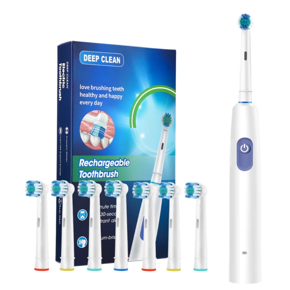 Electric Toothbrush Rotary Rechargeable Teeth Cleaner for Adults Soft Bristles Rotating Round Brush Heads Smart Timer Toothbrush Peaceful Pleasures Health and Wellness White 8pcs heads