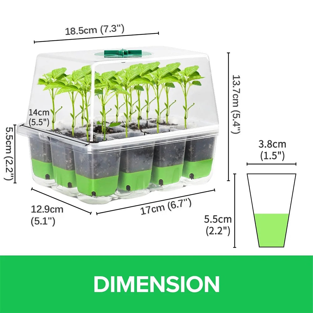 12-cell Seedling Starter Tray with Transparent Cover Garden Greenhouse Growth Potting Adjustable Humidity Germination Box Indoor Peaceful Pleasures Health and Wellness