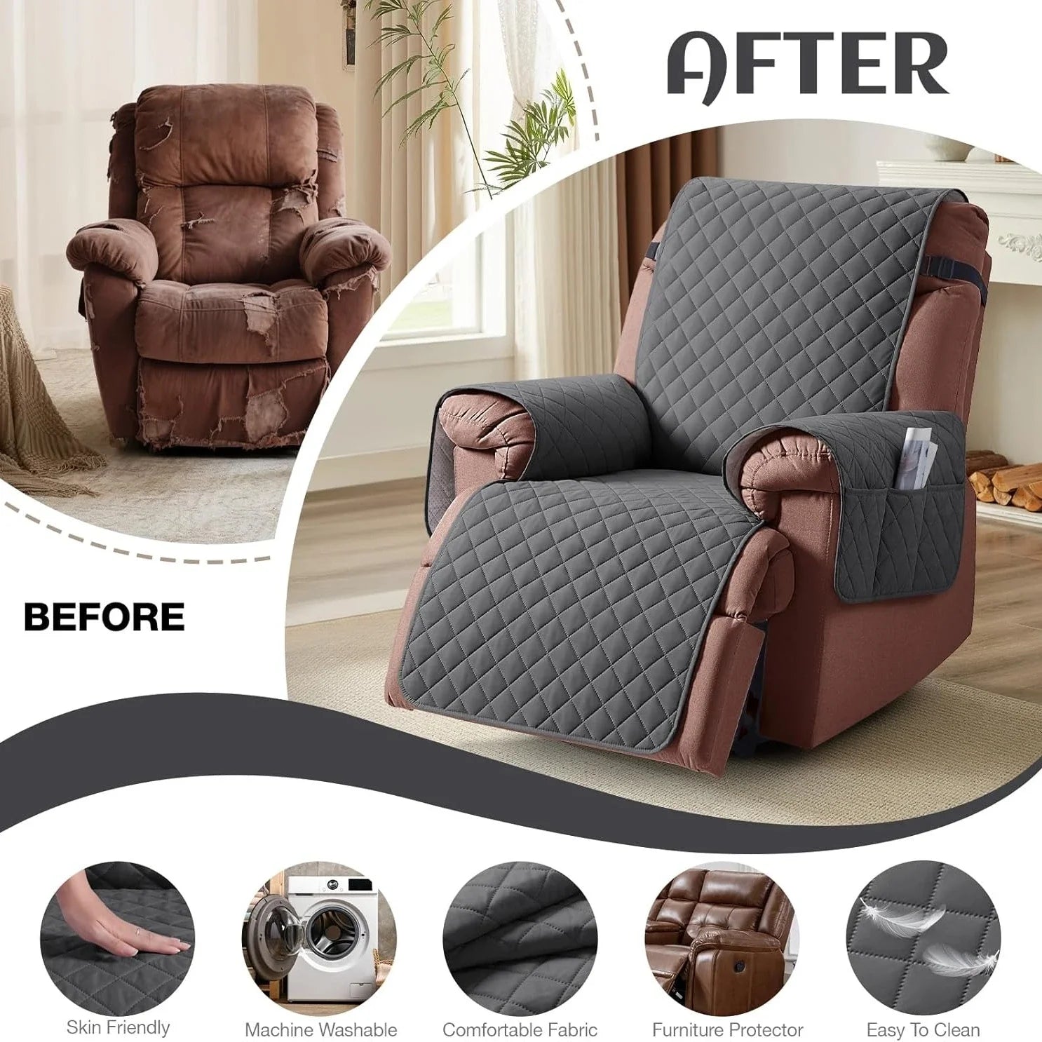 Waterproof Recliner Chair Cover 1 Seater Solid Color Quilted Armchair Slipcover for Living Room Pet Kids Furniture Protecter Peaceful Pleasures Health and Wellness