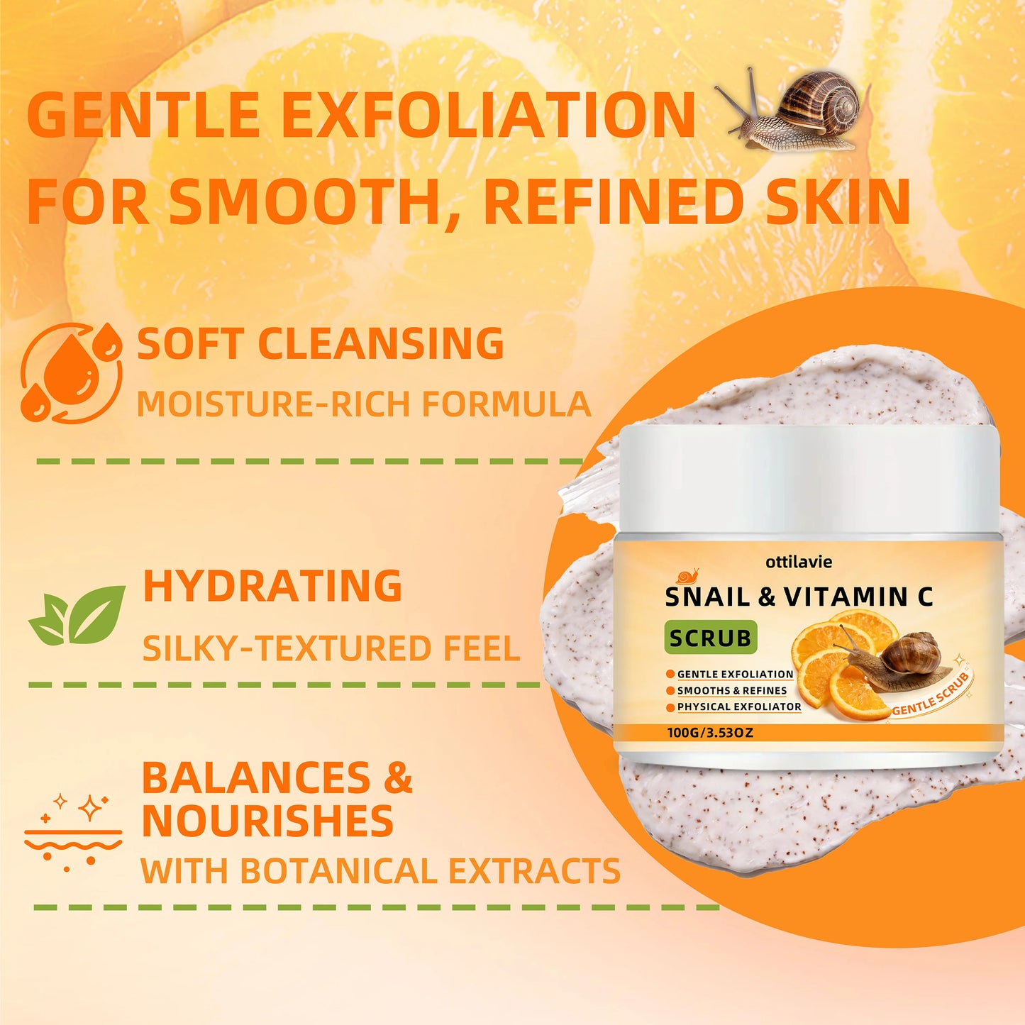 ottilavie Snail Vitamin C Scrub: Gently exfoliates & deeply cleanses. For all skin types, day or night. (Unisex) Peaceful Pleasures Health and Wellness