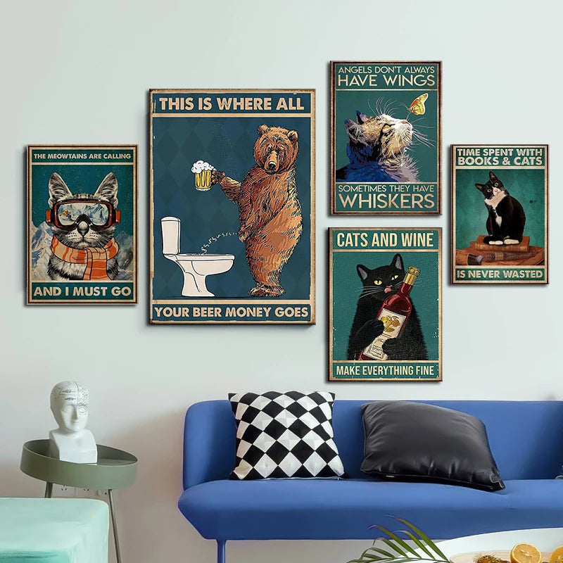 Funny Black Cat Coffee Canvas Wall Art | Retro Cat Poster