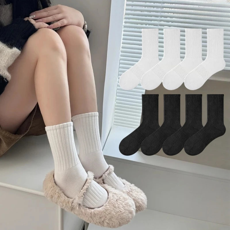 8/4 Pairs of Fashionable Classic Women's Mid-Calf Socks, Black and White Sports Socks, Suitable for Both Men and Women, Large Size Women's Socks: Size 36-43, Soft and Breathable for Spring, Summer, and Autumn, Simple Style, S Peaceful Pleasures Health and Wellness 4White 4Black One Size