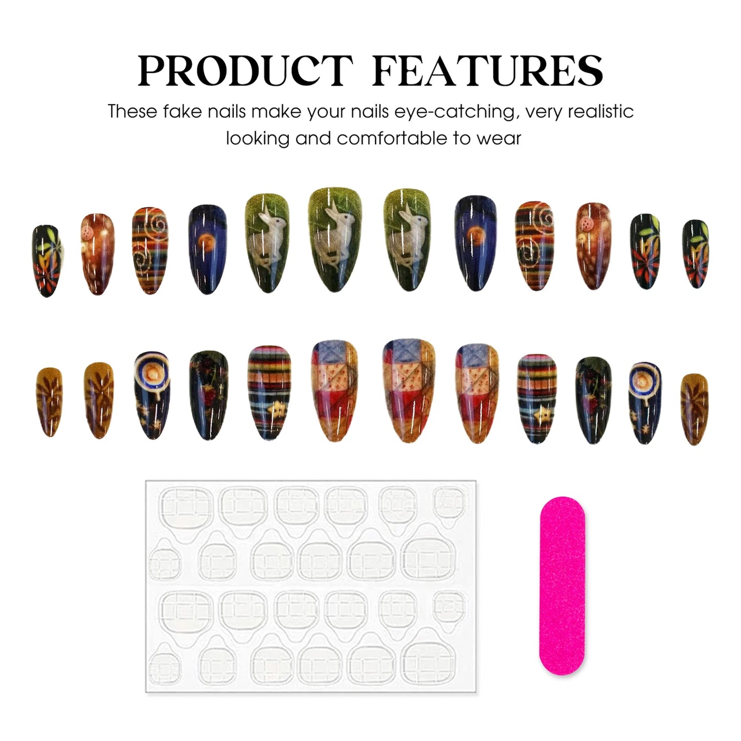 24pc Almond Press On Nails – Vintage Plaid Design | YADORNOS