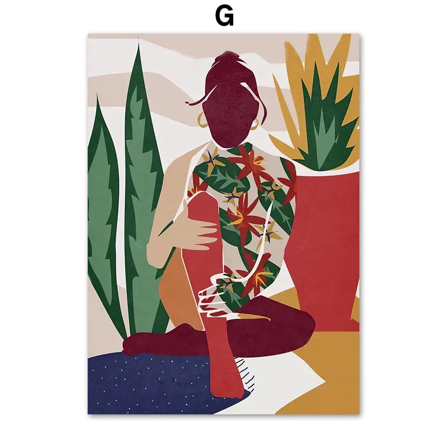 Boho Tropical Canvas Wall Art | Abstract Woman & Palm Leaf Print