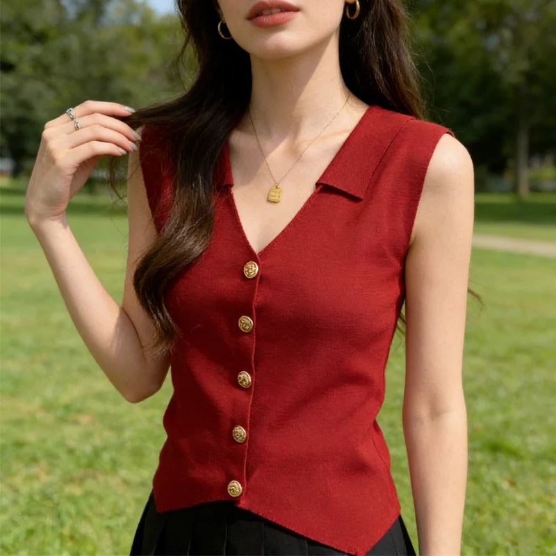 Women's V-Neck Gold Buckle Knitted Sleeveless Vest | Summer Top