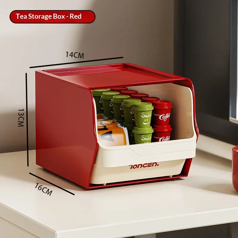 Adjustable Space Saving Stackable Multifunctional Desktop Tea Coffee Bags Snacks Organizer Rack for Home Office Use Peaceful Pleasures Health and Wellness Red