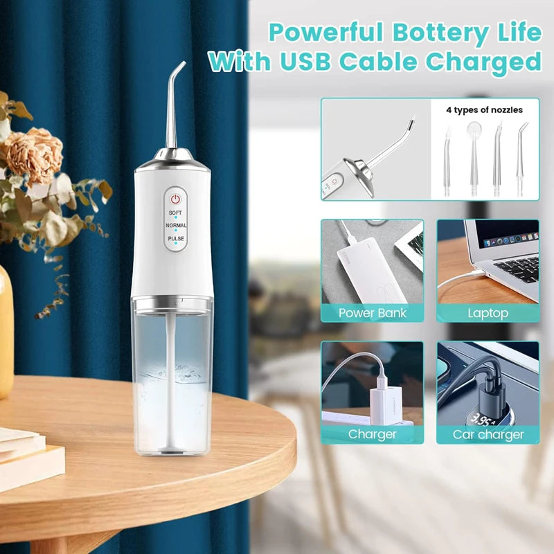 Portable Oral Irrigator USB Fast Rechargeable Mouth Washing Machine For Family Travel 3 Modes 4 Jet Tips Teeth cleaning machine Peaceful Pleasures Health and Wellness