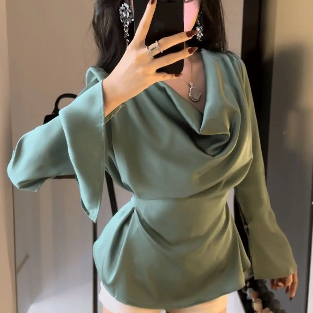 Women's Satin Flare Sleeve Blouse – Elegant Office Tunic Top