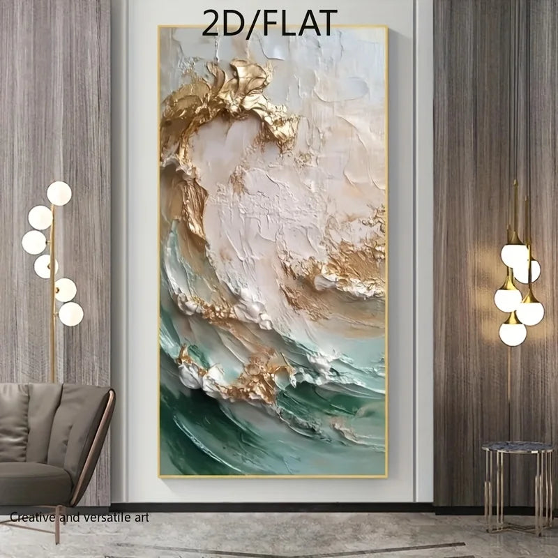 2D Flat Abstract Painting Prints Golden Waves Canvas Elegant Artwork Large Textured Wall Decor | Frameless Art for Living Room Peaceful Pleasures Health and Wellness