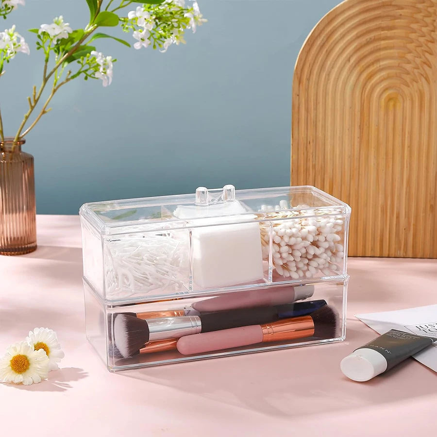 Clear 3-Compartment Bathroom Organizer – Cotton Ball, Swab & Vanity Makeup Storage Container