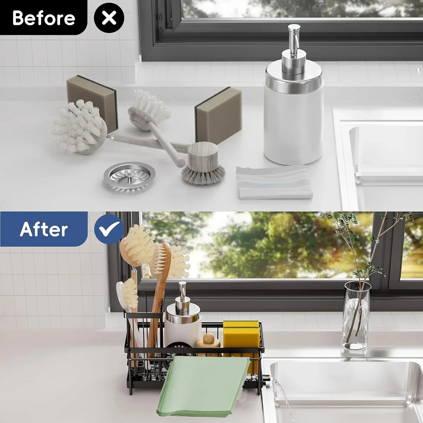 Sink Caddy Sponge Holder | Auto Draining Kitchen Organizer