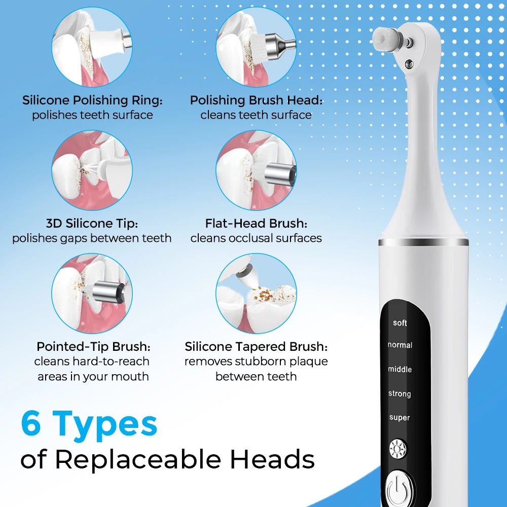 Electric Tooth Polisher with 6 Brush Heads Teeth Whitening Plaque Dental Tartar Remover LED Light Rechargeable Oral Gum Health Peaceful Pleasures Health and Wellness