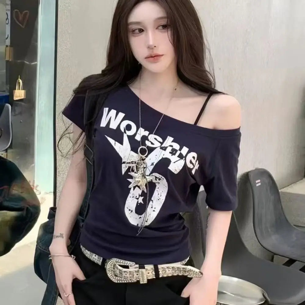 Y2K Off Shoulder Crop Top – Letter Print Skew Collar Women's Tee