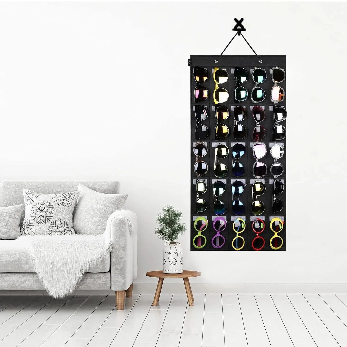 Sunglasses Storage Hanging Bag - 15 or 25 Felt Slot Sunglasses Organiser Eyeglasses Display with Sturdy Cord Peaceful Pleasures Health and Wellness