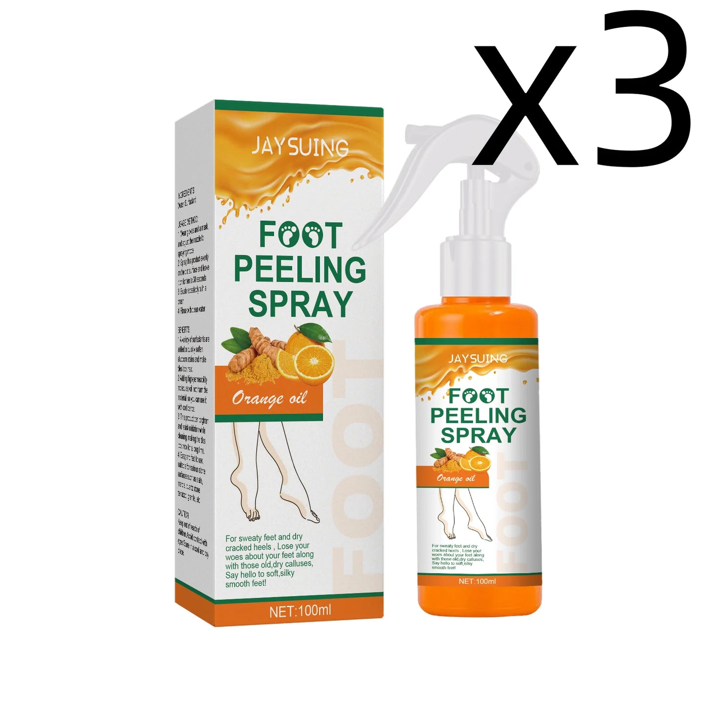 Orange Oil Foot Peeling Spray Exfoliate Rough Skin Soften Heels Repairing Dry Cracks Smoothing Foot Skins Feet Exfoliating Spray Peaceful Pleasures Health and Wellness 100ml Boxed X 3PCS