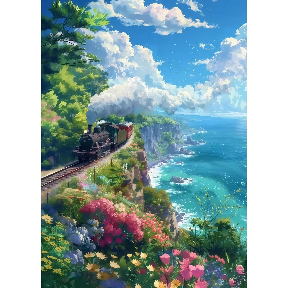 Anime Summer Landscape Canvas Wall Art | Beach Forest Cabin