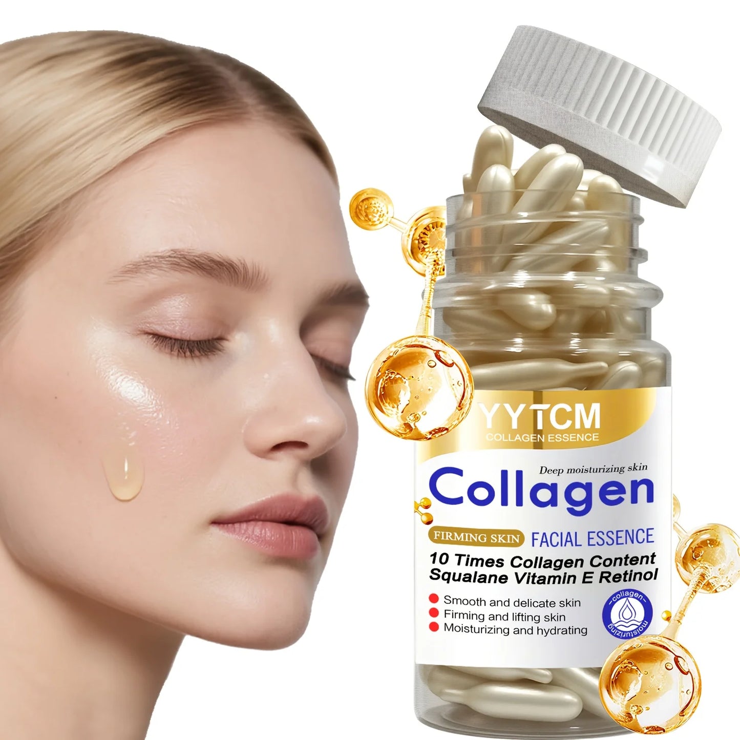Collagen Firming Capsule Essence, Moisturizing and Smoothing the Skin, Contains Plant-Based Squalane, Retinol, and Vitamin E Deep Hydration Essence (0.4Gx90 Capsules)/Bottle-1 Bottle Peaceful Pleasures Health and Wellness