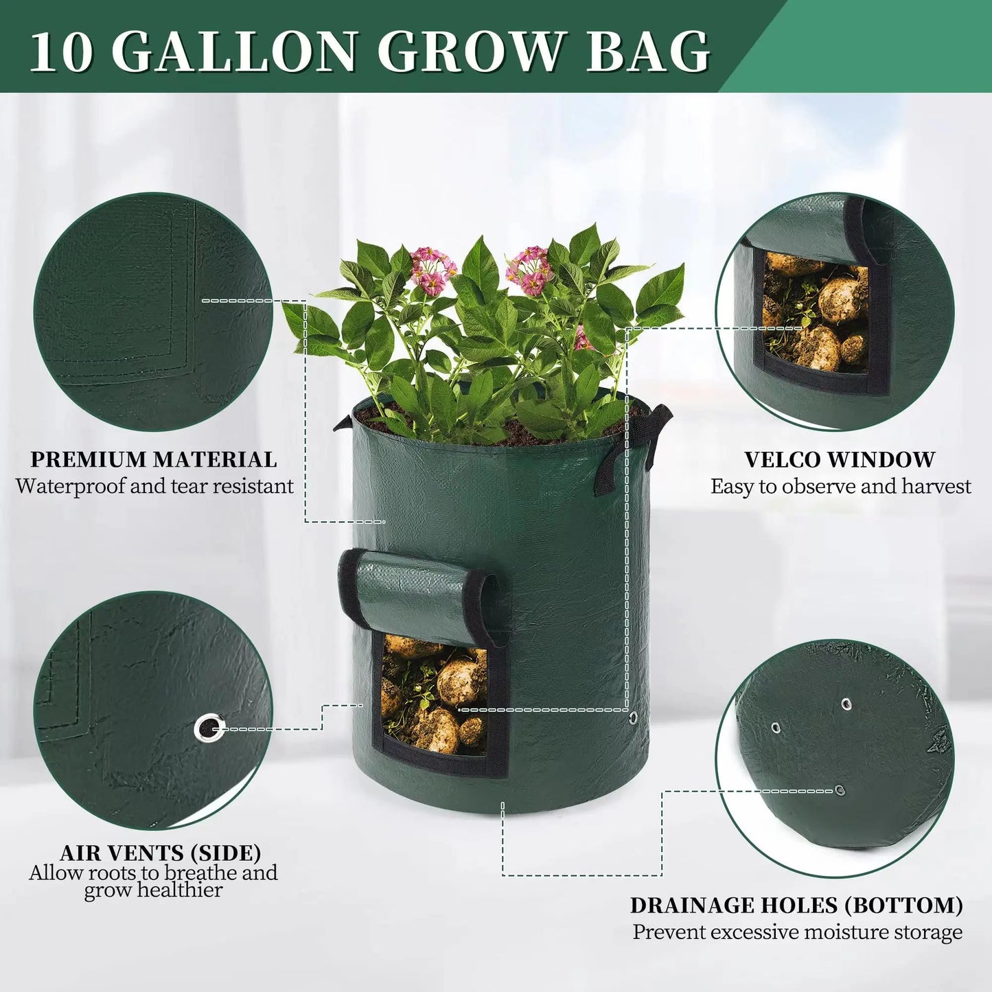 1PC Garden Potato Grow Bag PE Fabrics Gardening Thicken Pot Vegetables Planter Tub with Handles and Access Flap Peaceful Pleasures Health and Wellness