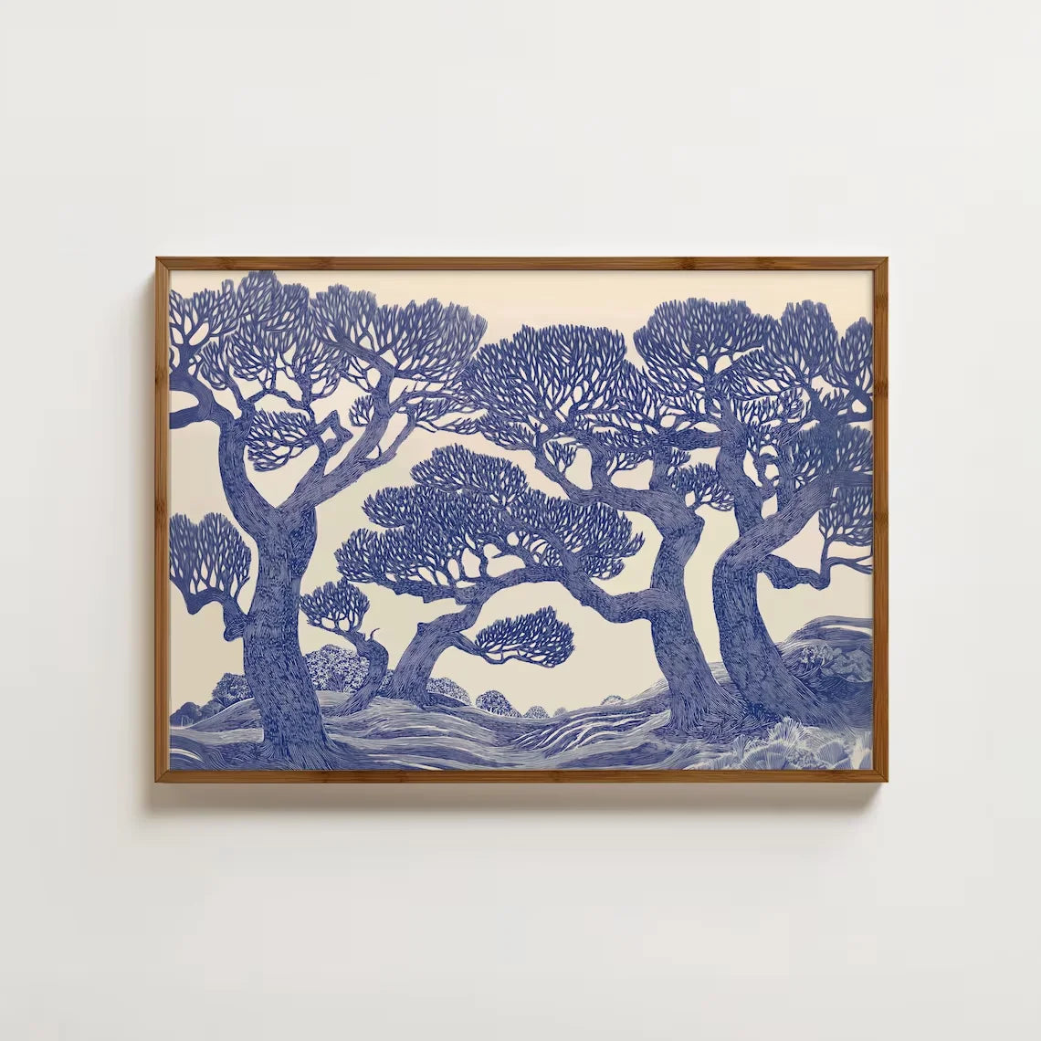 Vintage Oak Tree Linocut Forest Canvas Wall Art | Blue Woodland