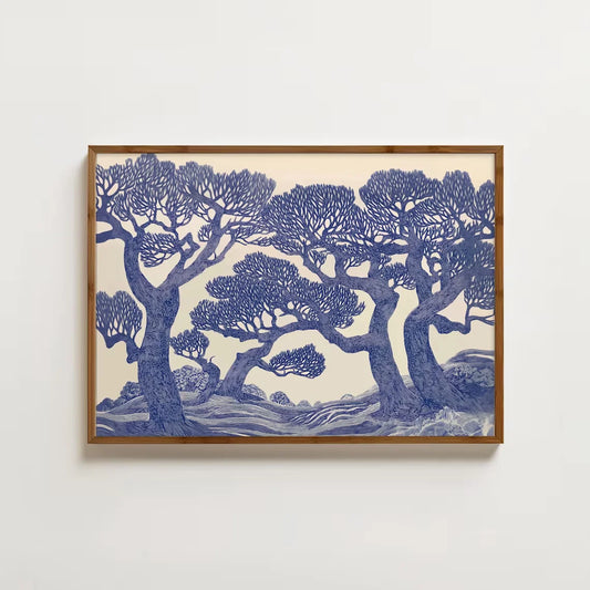 Vintage Oak Tree Linocut Forest Canvas Wall Art | Blue Woodland Canvas Wall Art Peaceful Pleasures Health and Wellness